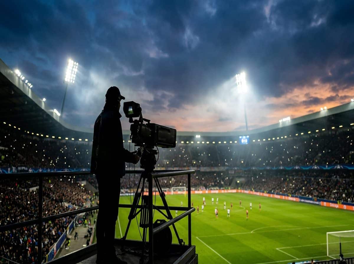 Conference League dove vederla - operatore tv allo stadio di notte