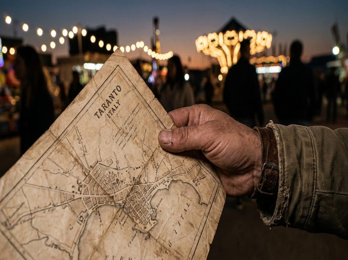 Mano maschile che tiene una mappa stilizzata di Taranto, con uno sfondo sfocato che evoca un luna park.