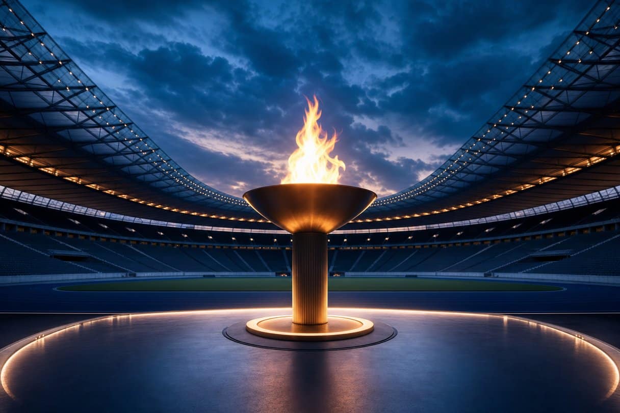 Dove vedere le Olimpiadi - fiamma olimpica e stadio illuminato al crepuscolo