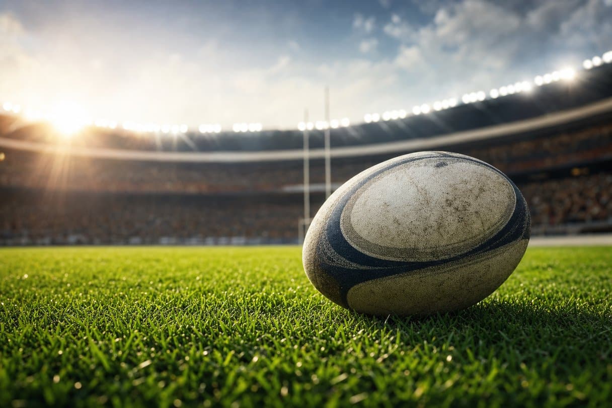 Rugby in TV - palla ovale sul prato di uno stadio assolato