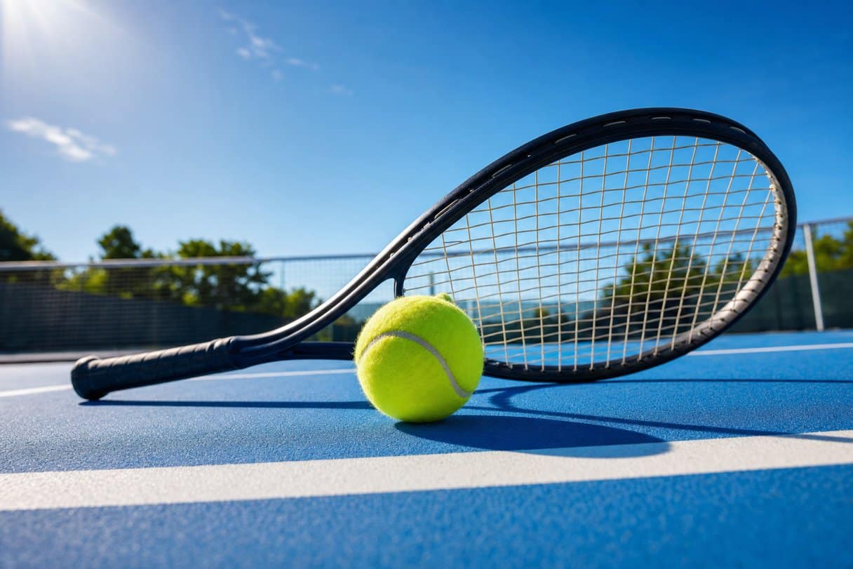 SuperTennis - pallina e racchetta su un campo in cemento assolato