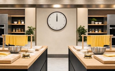 Antonella Clerici - due postazioni da gara in studio con sfoglie di pasta e orologio a mezzogiorno