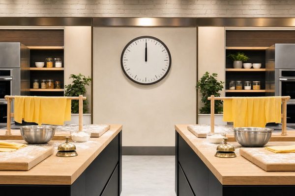Antonella Clerici - due postazioni da gara in studio con sfoglie di pasta e orologio a mezzogiorno