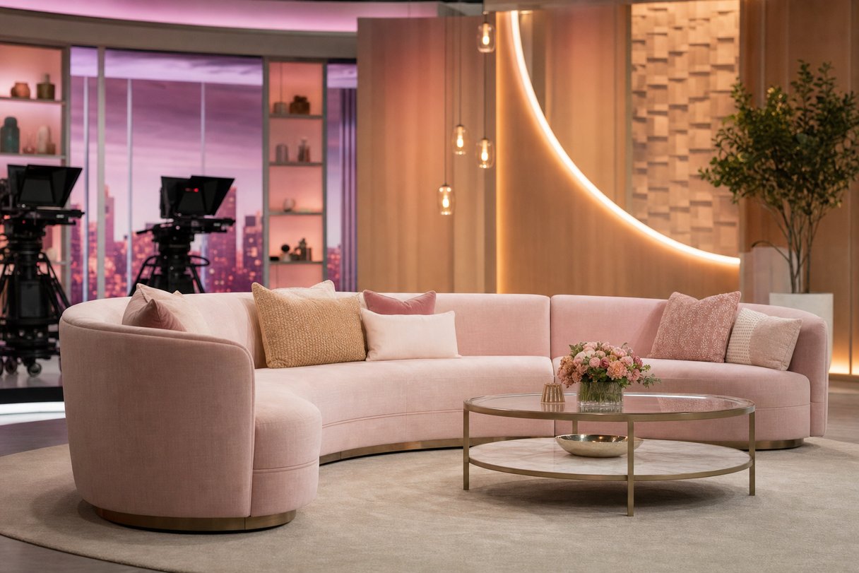 Barbara d Urso - studio televisivo pomeridiano con divano e luci rosa