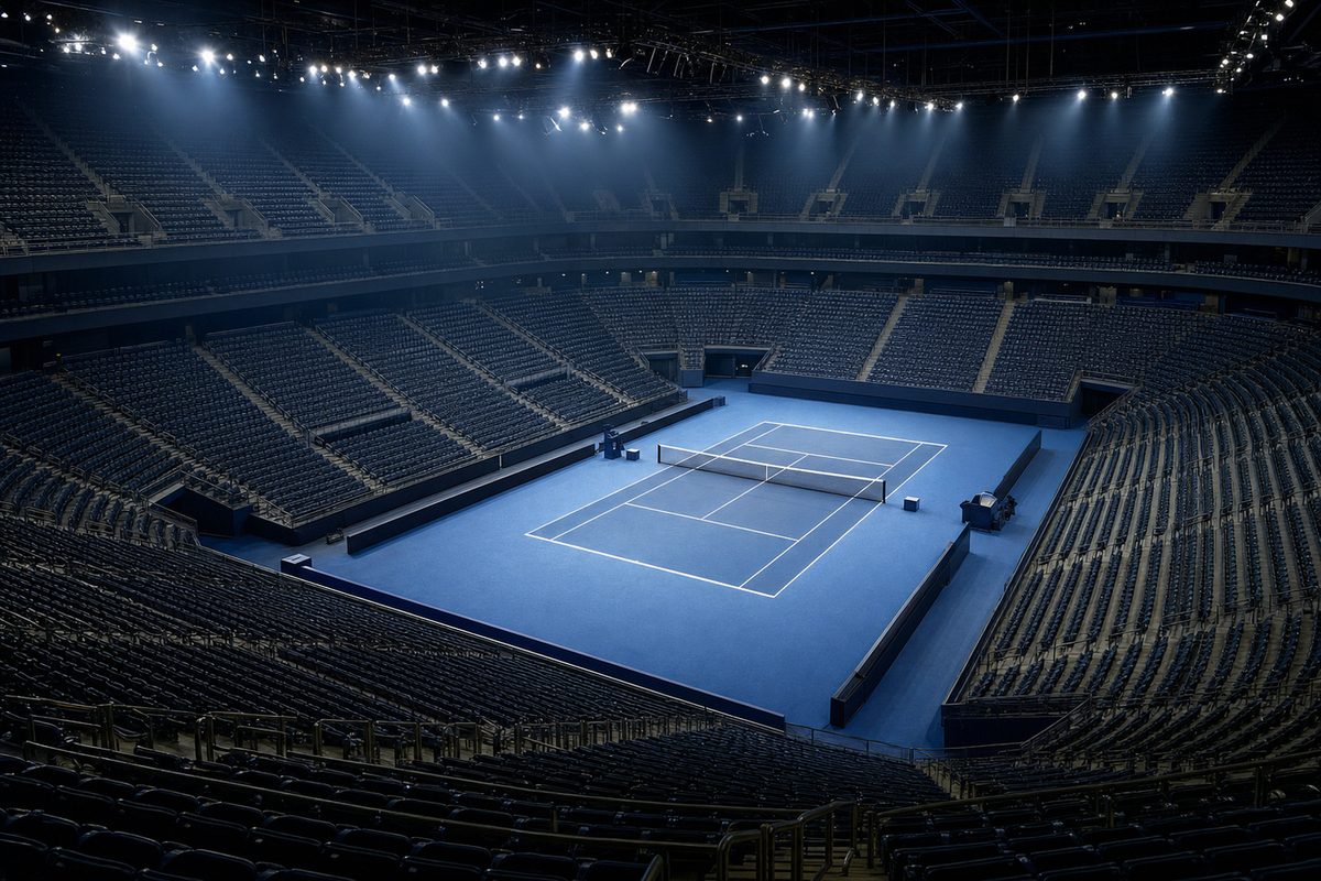 ATP Finals - arena indoor con campo in cemento blu e tribune vuote sotto i riflettori