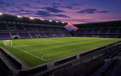 Fiorentina in tv - stadio vuoto al tramonto con seggiolini viola e prato illuminato