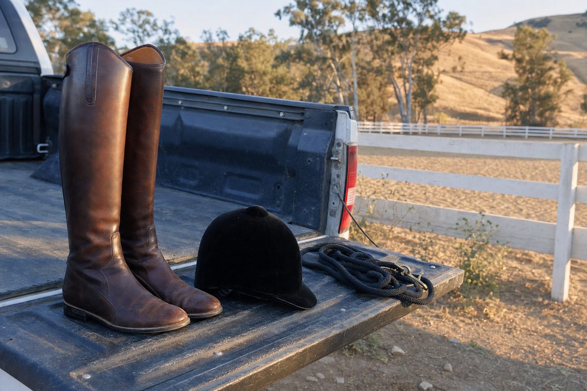 Elisabetta Canalis - stivali da equitazione e cap sul cassone di un pickup davanti al campo