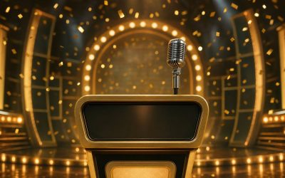 Gerry Scotti - podio di un quiz televisivo con luci dorate e coriandoli