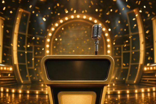 Gerry Scotti - podio di un quiz televisivo con luci dorate e coriandoli