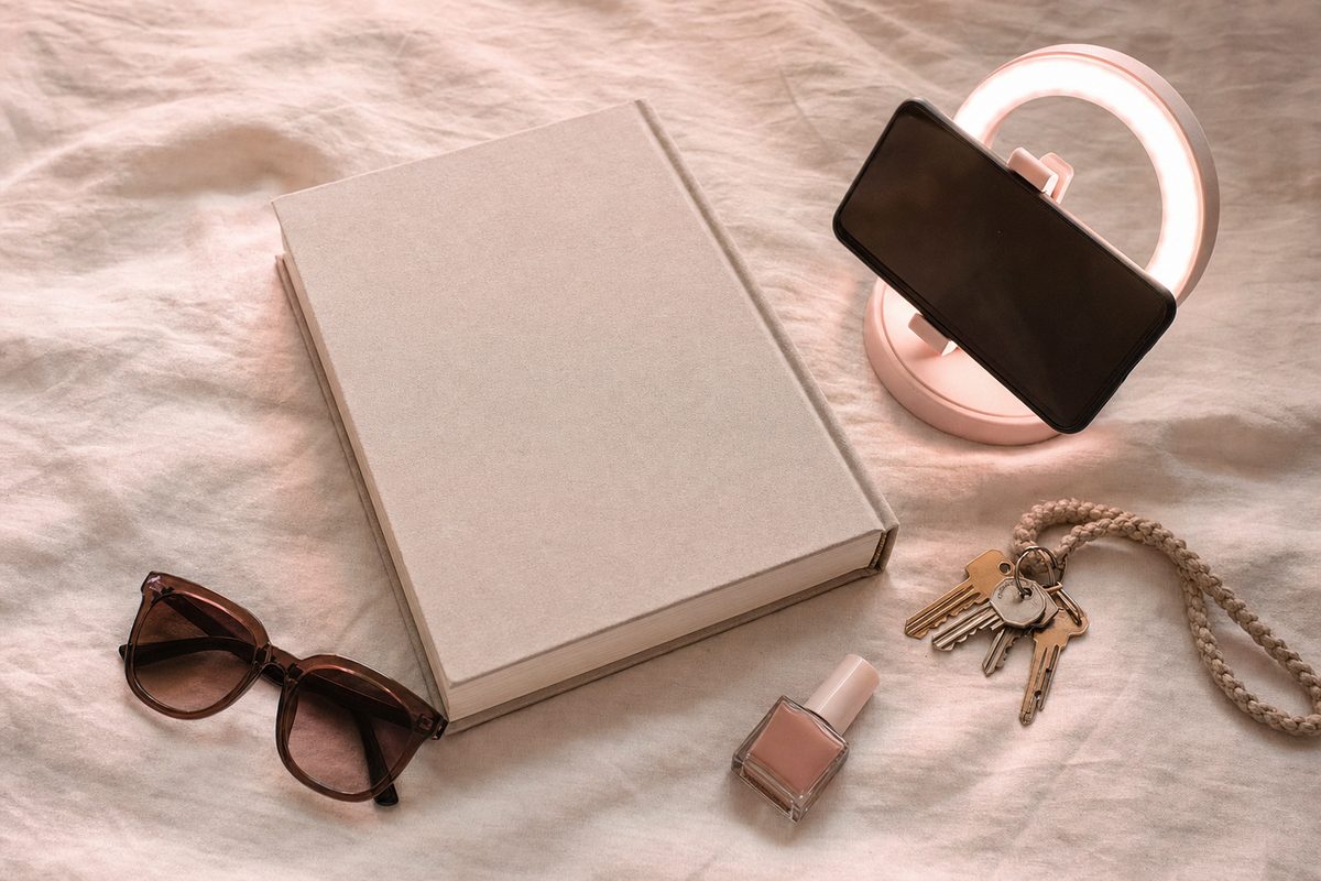 Giulia De Lellis - libro, smartphone su ring light, occhiali da sole e smalto su lino rosa