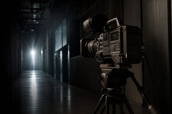 Le Iene - telecamera televisiva su cavalletto in un corridoio buio