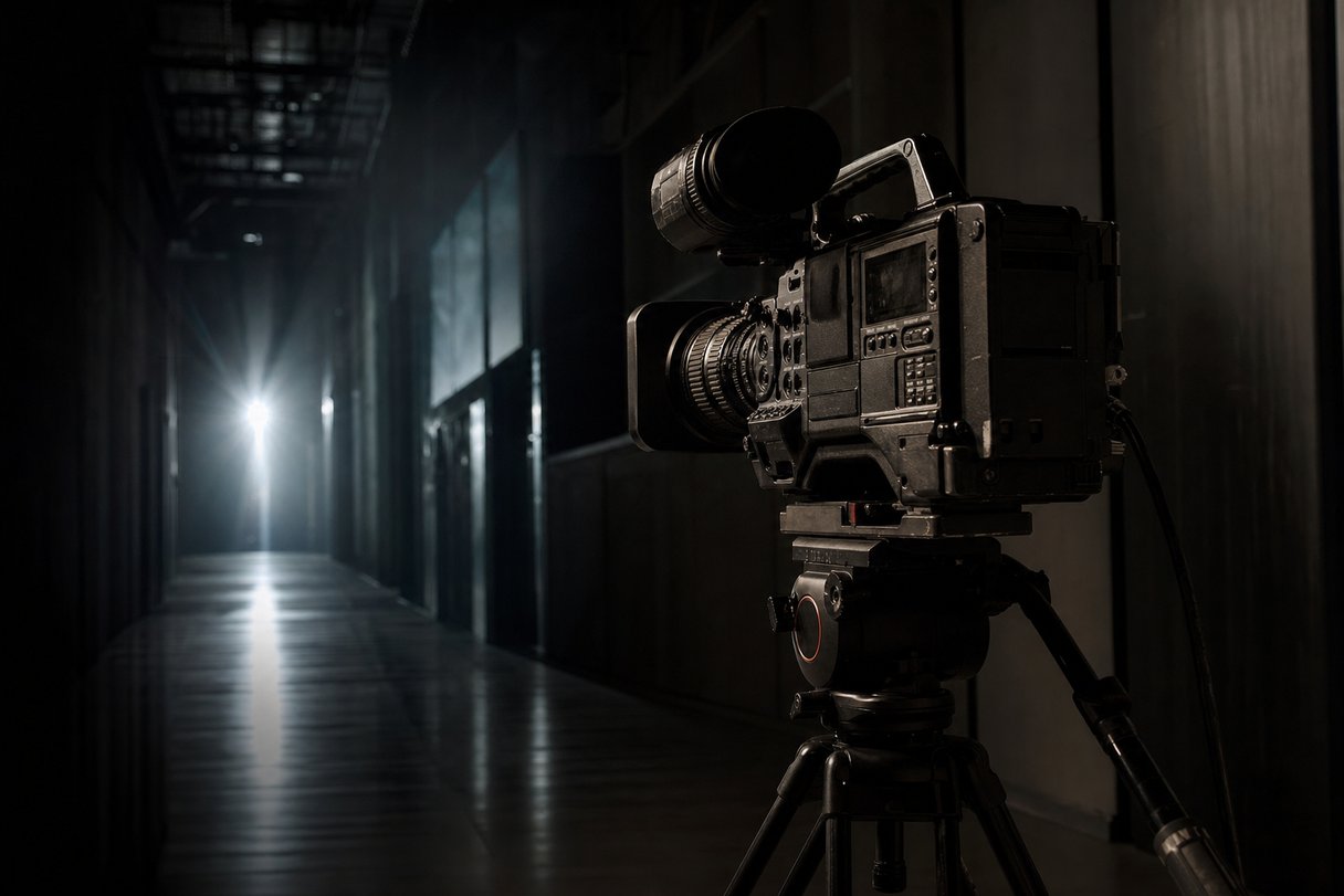 Le Iene - telecamera televisiva su cavalletto in un corridoio buio