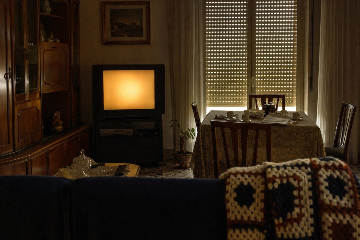 Mara Venier - salotto italiano la domenica pomeriggio, televisore acceso e tavolo del pranzo
