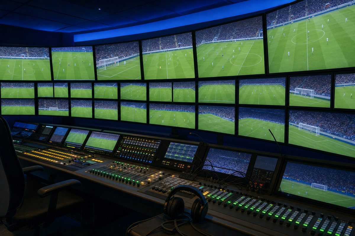 Sportitalia streaming - regia televisiva sportiva con parete di monitor sui campi da calcio