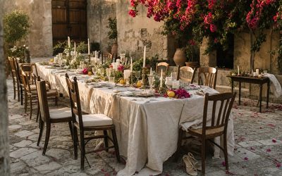 Aurora Ramazzotti - cortile siciliano dopo il matrimonio, tavolo con lino, limoni e petali