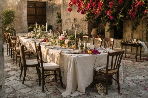 Aurora Ramazzotti - cortile siciliano dopo il matrimonio, tavolo con lino, limoni e petali