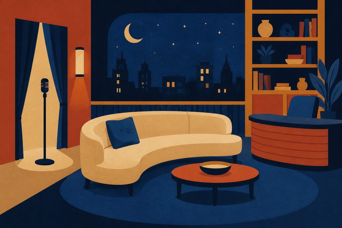 Filippa Lagerbäck - illustrazione di uno studio di talk show con divano, libreria e il microfono che presenta gli ospiti