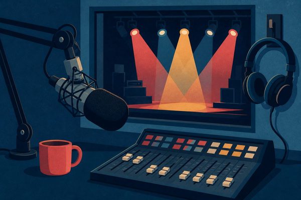Gabriele Corsi - illustrazione di uno studio radiofonico con microfono e, oltre il vetro, un palco illuminato