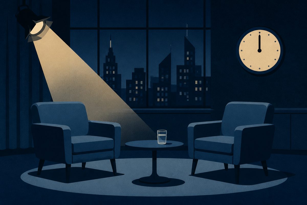 Gigi Marzullo - illustrazione di uno studio televisivo notturno con due poltrone e un orologio a mezzanotte