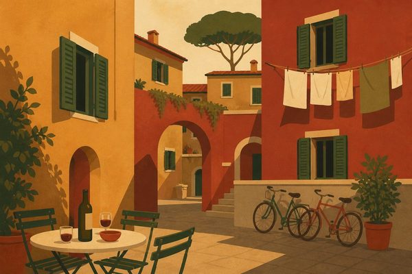 I Cesaroni - illustrazione di un cortile della Garbatella a Roma con case color ocra, un tavolino e biciclette