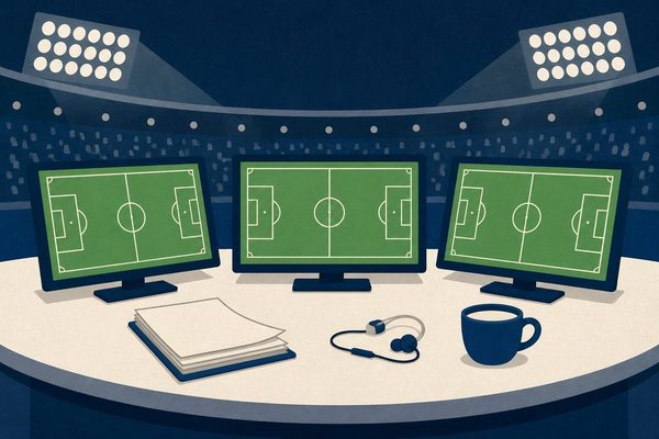 Ilaria D'Amico - illustrazione di uno studio sportivo con monitor, appunti e le luci di uno stadio sullo sfondo