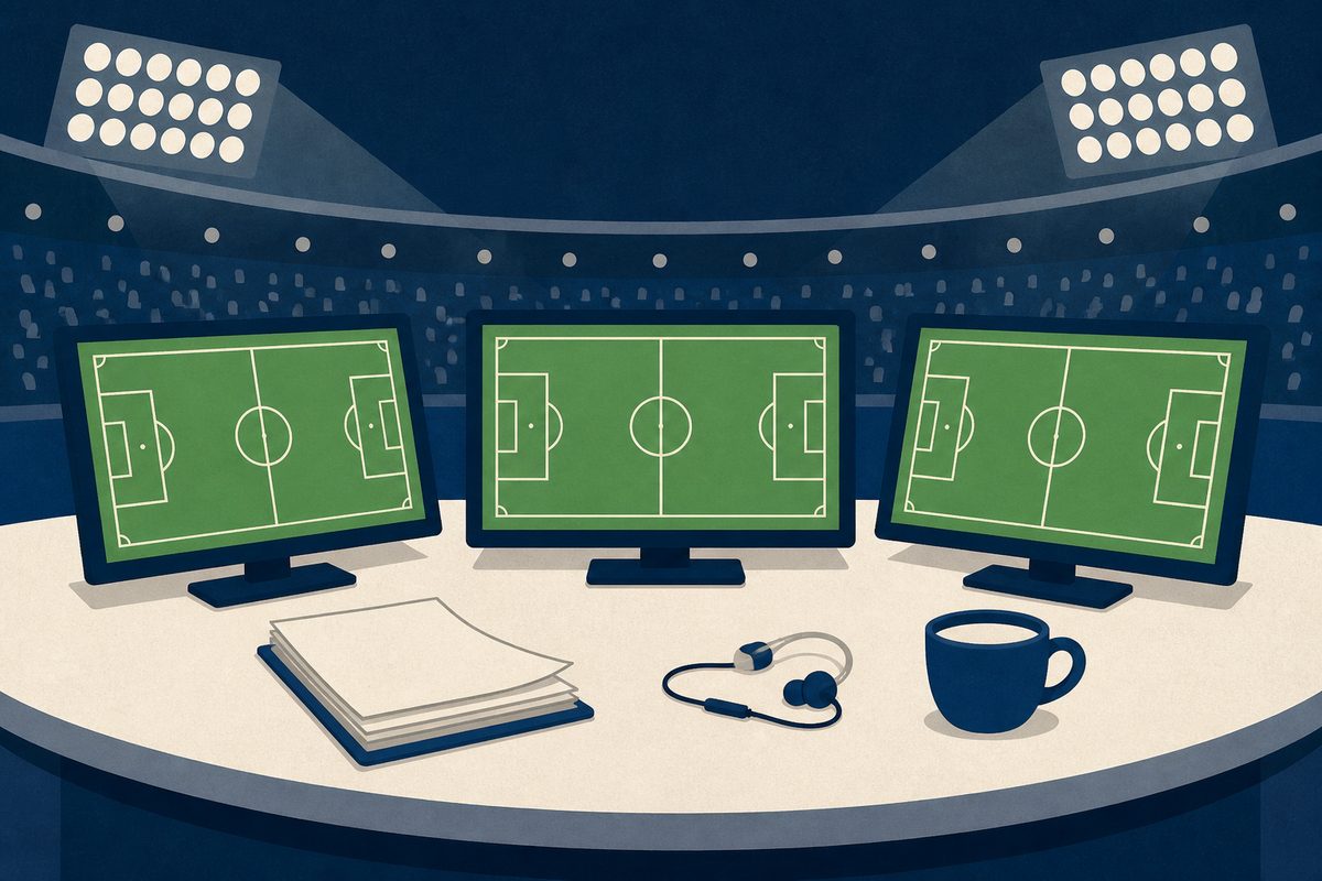 Ilaria D'Amico - illustrazione di uno studio sportivo con monitor, appunti e le luci di uno stadio sullo sfondo