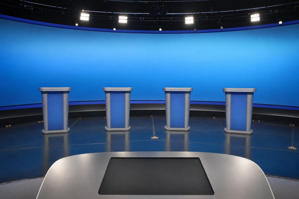 Marco Liorni - studio di un quiz vuoto con quattro leggii identici visti dal banco del conduttore