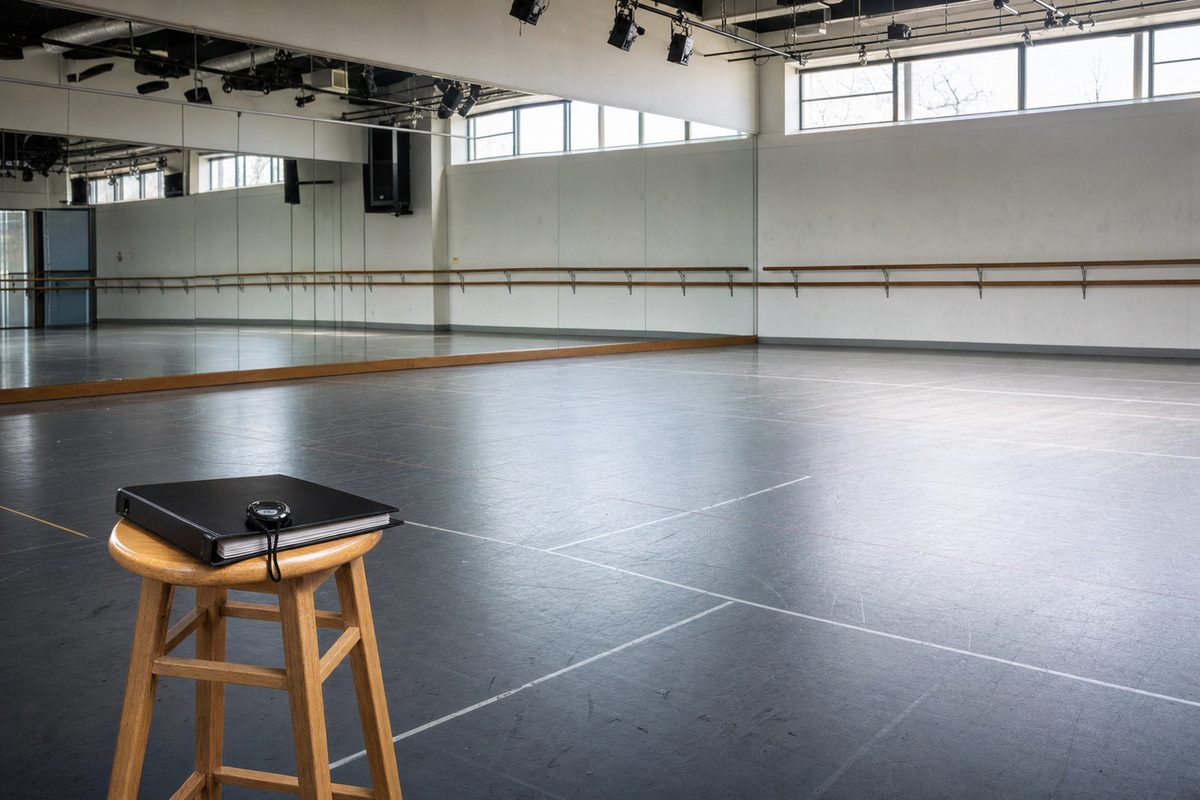 Maria De Filippi - sala prove di danza vuota con specchi, sbarra e raccoglitore su uno sgabello