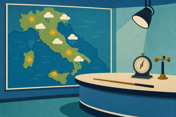 Mario Giuliacci - illustrazione di una scrivania del meteo con la mappa dell'Italia e un barometro