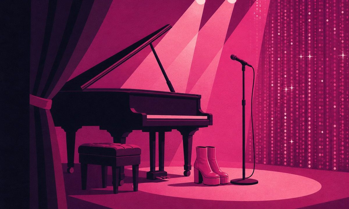 Paola Iezzi - illustrazione di un palco con pianoforte, microfono e luci rosa viste dalle quinte