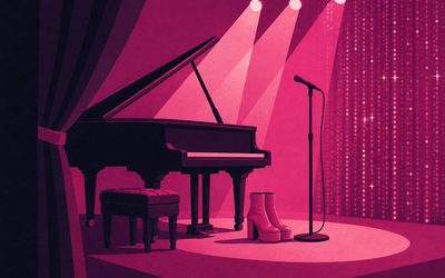 Paola Iezzi - illustrazione di un palco con pianoforte, microfono e luci rosa viste dalle quinte