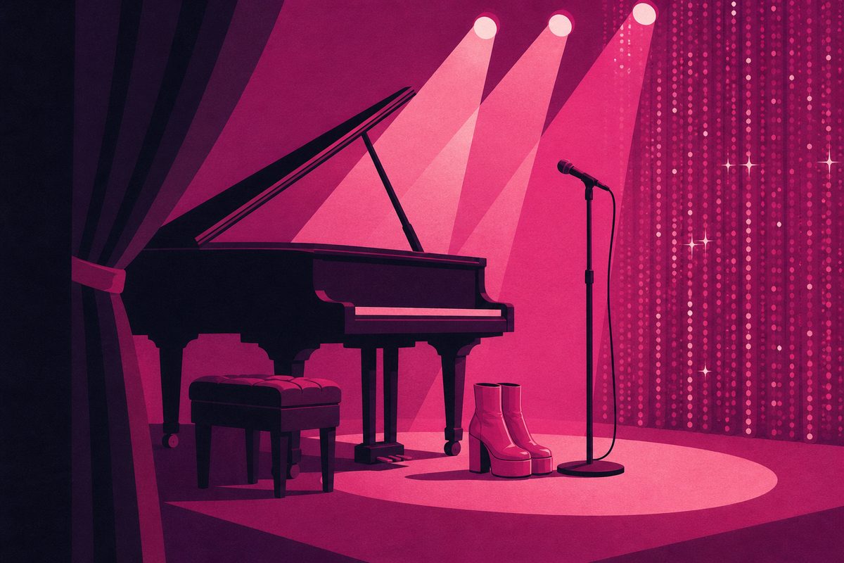 Paola Iezzi - illustrazione di un palco con pianoforte, microfono e luci rosa viste dalle quinte