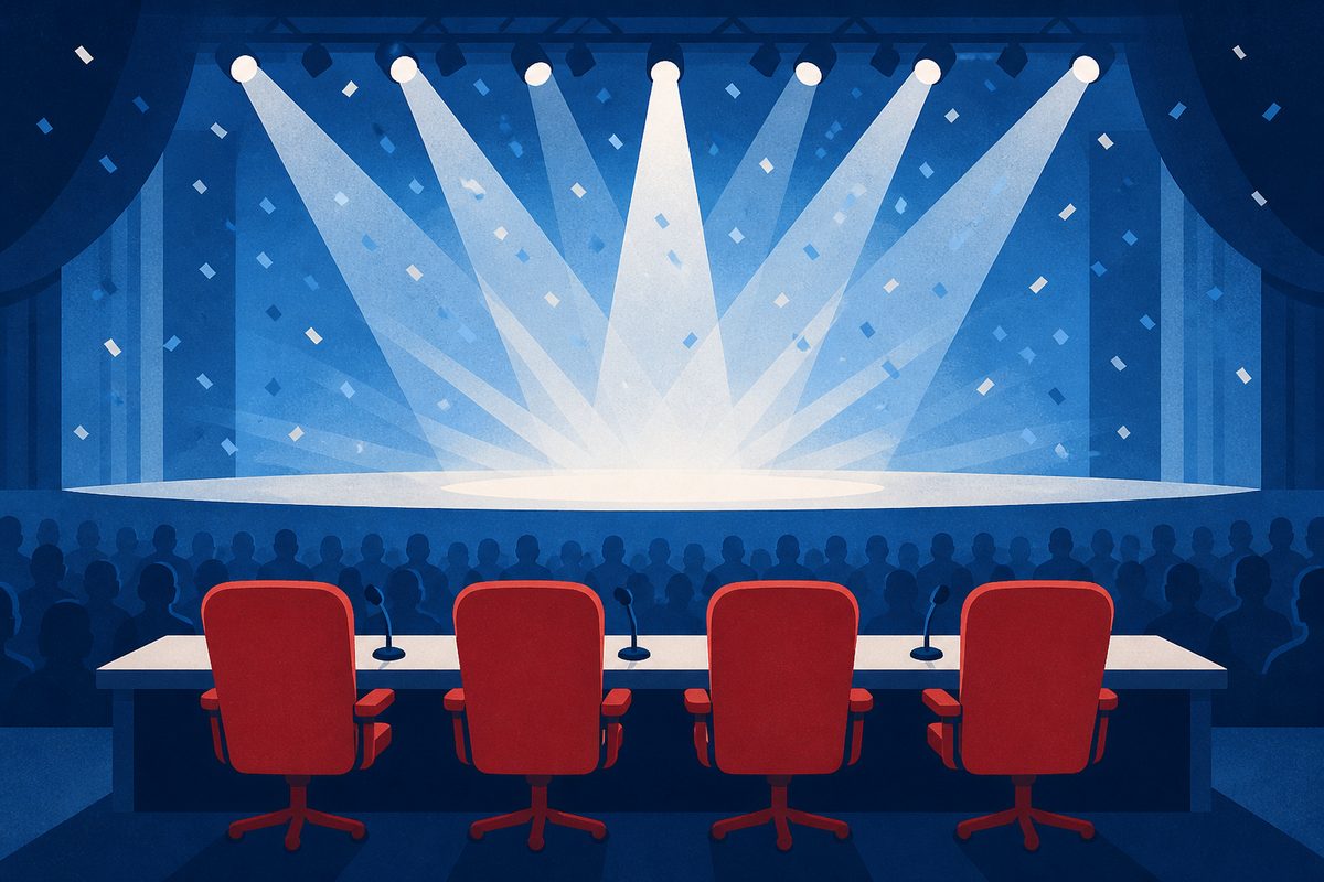 X Factor - illustrazione di un palco da talent show con quattro poltrone dei giudici e fasci di luce